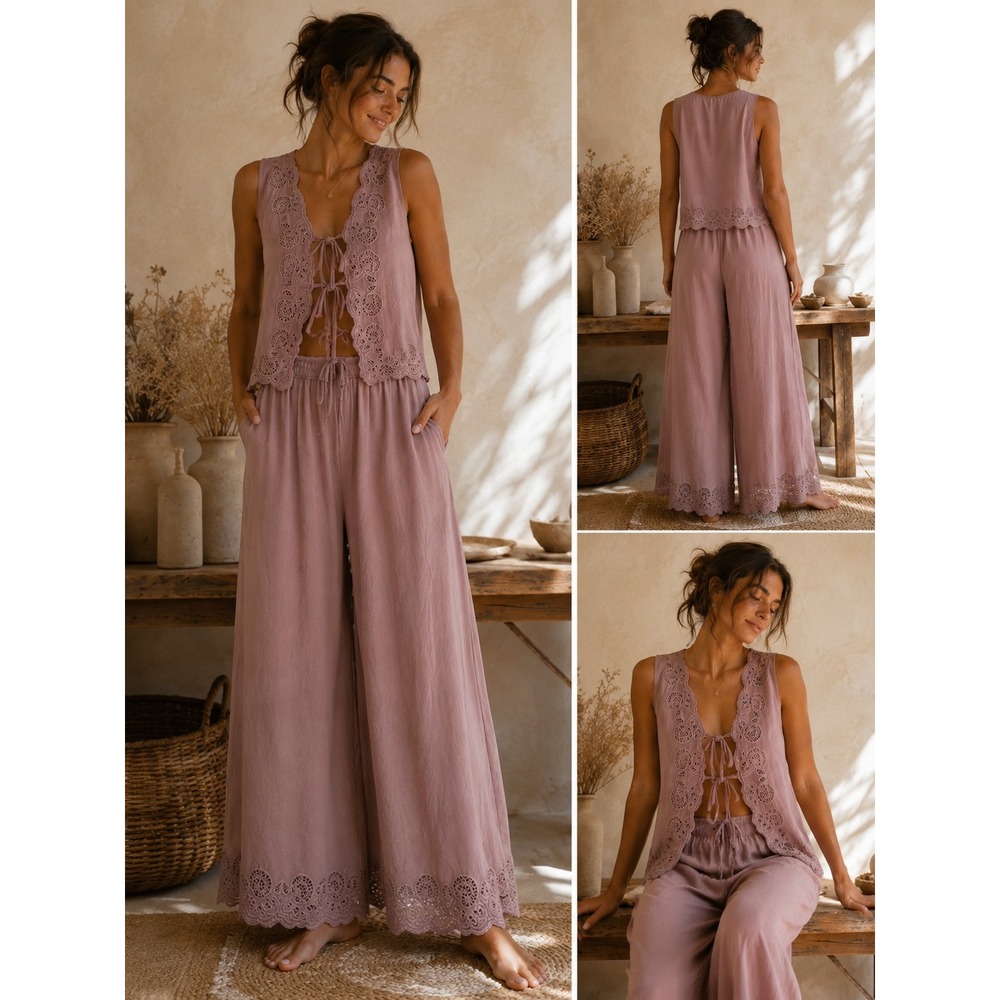Adrianna Papell Women L Two Piece Set Mauve Eyelet Lace Boho Summer